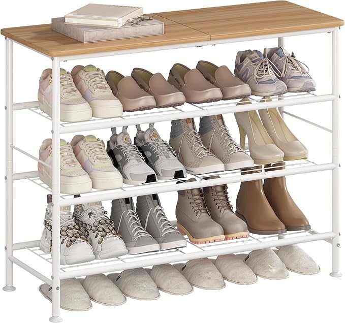 SUOERNUO 4 Tier Shoe Rack Organizer for Closet Shoe Storage for Entryway | Free Standing with MDF Top Board,Sturdy Metal Frame,Ideal for Living Room,Hallway White Nordic Walnut