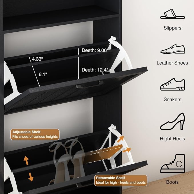 Hidden Shoe Storage Cabinet with 4 Flip Drawers & Open Storage | Farmhouse Modern Shoes Rack Cabinet,Adjustable Shelves ,Narrow Slim Shoe Organizer for Front Door Entrance, Entryway, Black