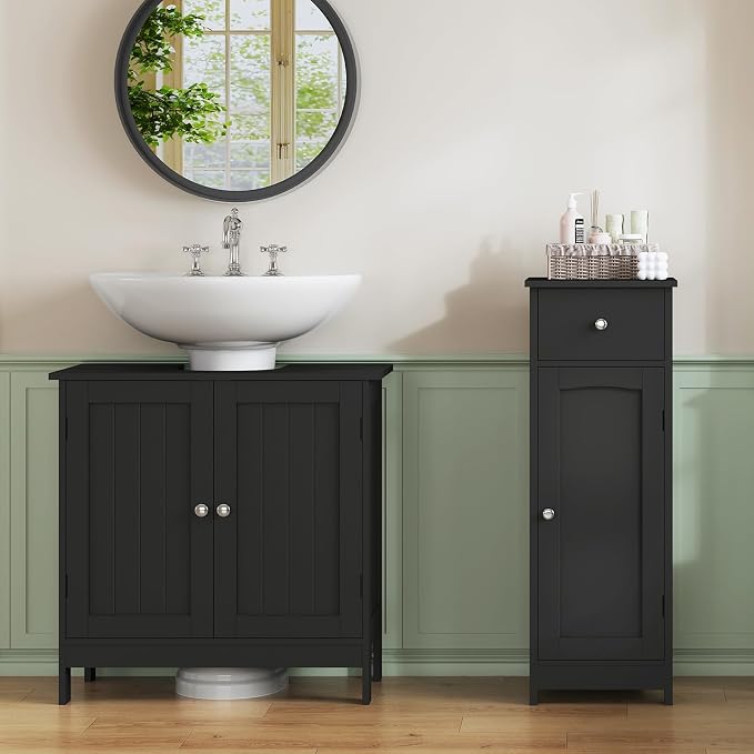 Iwell Bathroom Storage Cabinet, Small Bathroom Floor Cabinet with Drawer & Storage Shelf, Free-Standing Organizer Cabinets for Hallway/Living Room, Black