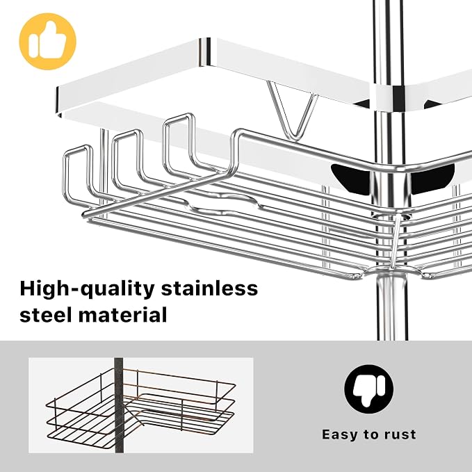 KEGII Corner Shower Caddy Tension Pole, Bathroom Storage Shelf, Chrome | Stainless Steel Design with Soap Holders and Hooks, Adjustable Height for Renters, Apartments and Family Bathrooms