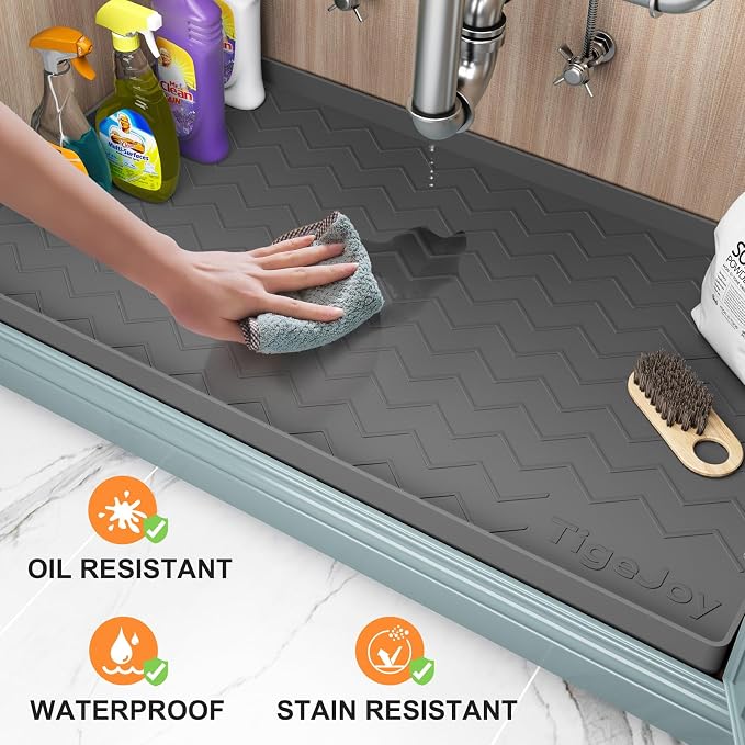 TigeJoy Under Sink Mats for Kitchen Waterproof 28" x 22", Cabinet Liner | Leak-Proof Silicone Mat Sink Protector, Kitchen Essentials Organizer and Storage,Boot or Shoe Tray, Pet Feeding Mat
