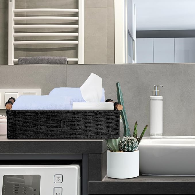 Round Paper Rope Storage Basket Wicker Baskets for Organizing with Handle Decorative Storage Bins for Countertop Toilet Paper Basket for Toilet Tank Top Small Baskets,Black