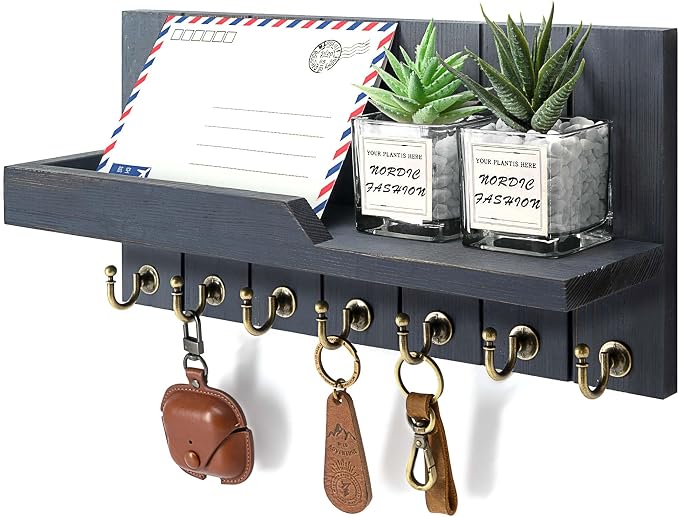 Rebee Vision Key Holder Wall Mount with 7 Hooks for Home Decor, Royal Blue | Pine Wood Key Holder for Wall, Mail Organizer, Rustic Key Organizer, House and Apartment Essential, Decorative Storage