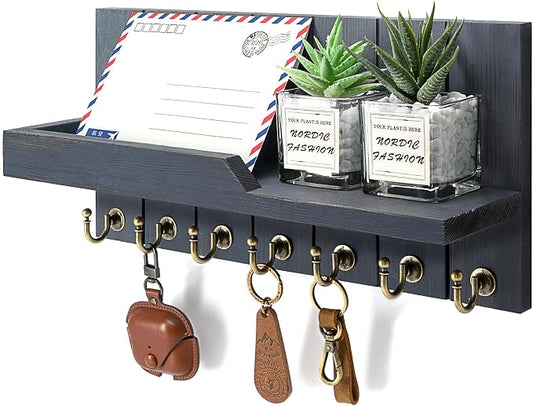 Rebee Vision Key Holder Wall Mount with 7 Hooks for Home Decor, Royal Blue | Pine Wood Key Holder for Wall, Mail Organizer, Rustic Key Organizer, House and Apartment Essential, Decorative Storage