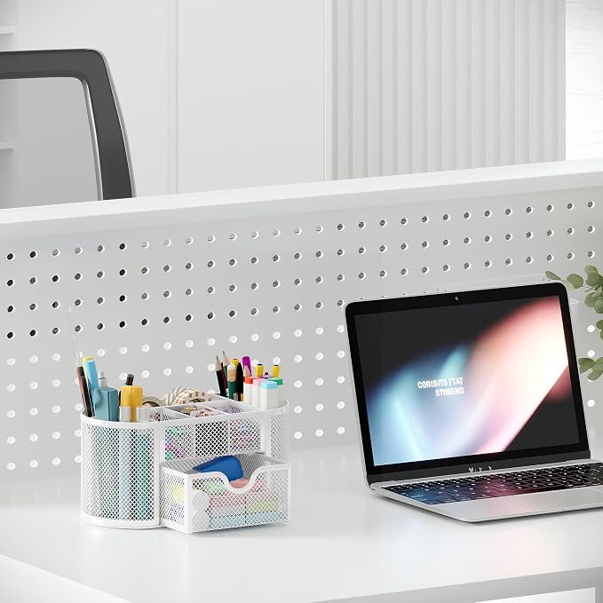 EasyPAG Mesh Pen Holder Desk Organizer with Drawer Stationery Supplies Organizer for Dorm School 9 Compartments Workspace Desk Accessories Organization for Office, White