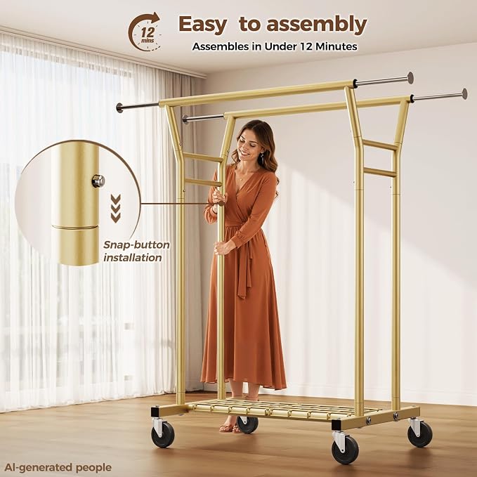 HYSEYY Heavy Duty Clothes Rack, Rolling Clothing Rack for Hanging Clothes with Shelves Load 700LBS,Portable Garment Wardrobe Closet Rack with Wheels for Bedroom,Laundry Room,Retail Store(Gold)