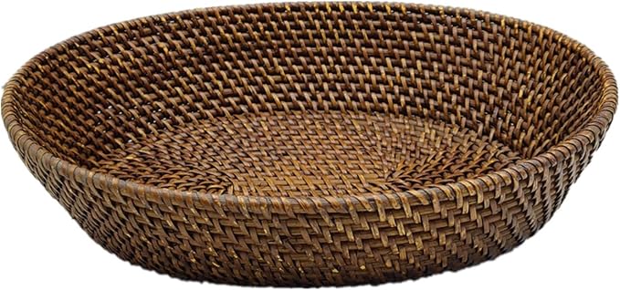 Large Rattan Fruit Basket Bread Serving Bowl with 4" High Wall, Dark Brown Trapezoid Wicker Basket Tray for Table Centerpiece, Woven Vanity Basket Fruit Bowl for Home Décor