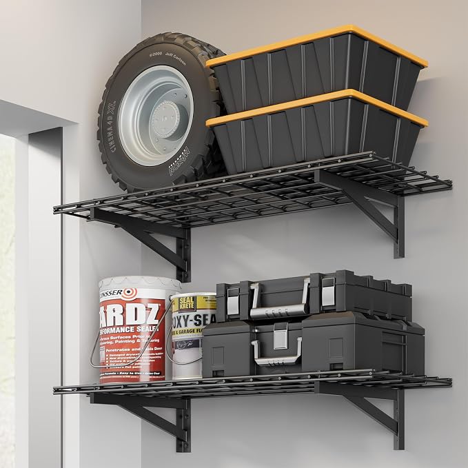 Jusgym 2 Pack Garage Shelving Wall Mounted, 1.5x4ft, 700LB Heavy Load | Wall Mounted Floating Design, 18"x96" Storage Rack, No Splice Seamless Structure, Rustproof Black Coating for Garage Workshop