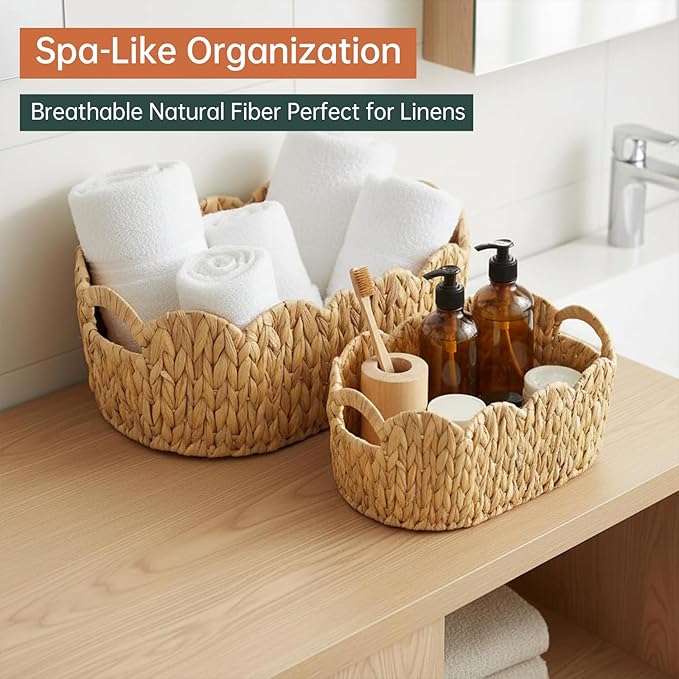 Coeusy Scalloped Basket Set of 2,Water Hyacinth Basket for Organizing and Decor,Hand-Woven Wicker Storage Baskets with Built-In Handles for Nursery,Gift