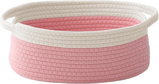 JMvicyroam Small Woven Basket, Empty Gift Basket, White&Pink/1 Pack | Small Gift Basket, Cotton Rope, 12 x 8 x 69 in, Handles, Includes Ribbon and Bag, Birthday Gift Basket