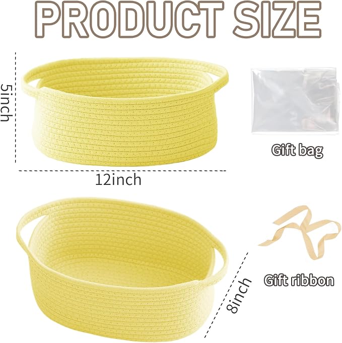 JMvicyroam Small Woven Basket, Empty Gift Basket, Yellow/1 Pack | Small Gift Basket, Cotton Rope, 12 x 8 x 39 in, Handles, Includes Ribbon and Bag, Birthday Gift Basket