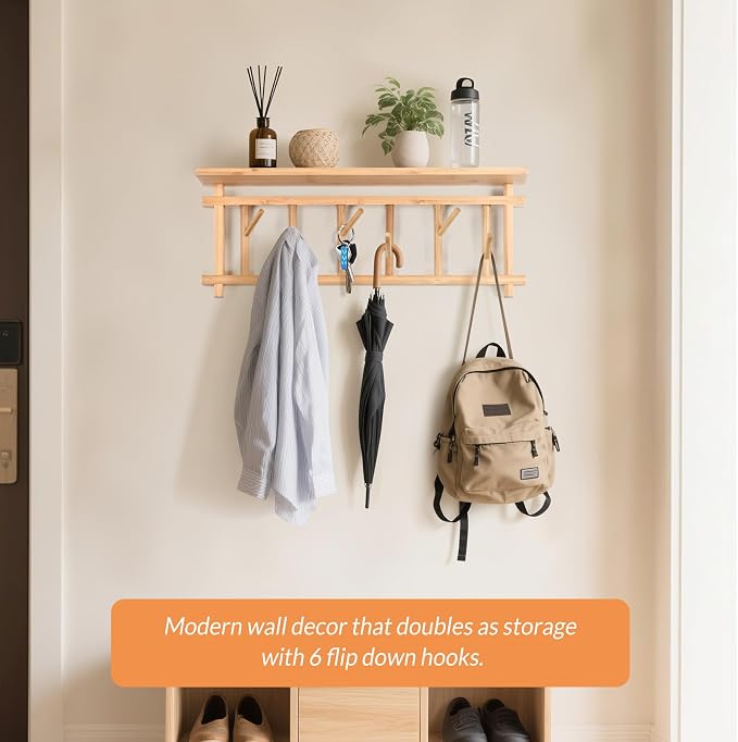 Key Holder for Wall with Shelf and 6 Rotating Key Hooks Bamboo | Key Hanger Wall-mounted with shelf decorative Coat Rack organizer for Rustic Entrances Hallway Living room Bedroom Kitchen