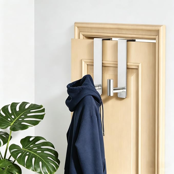 WUIVIUT Heavy Duty Over Door Hooks - Fits 1.77" Wide Hanger, Towel Door Hook for Clothes, Robe, Coats, Bags (Silvery, T Shape 2 Pack, Fits 1-3/4'' Thick)