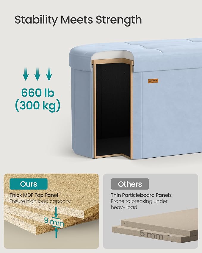 SONGMICS MINOTA Collection - Folding Ottoman with Storage, Oval Storage Ottoman Bench, for Living Room, Bedroom, Velvet Fabric, 15 x 29.9 x 15 Inches, Baby Blue ULSF267QQ01