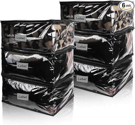 Clear Zippered Plastic Clothes Storage Bags, 6 Pack, Black | Clear Storage Bags with Zipper Plastic Storage Bags for Clothes Sweaters Blankets Sheets, Size: 18 x 15 x 9 Inch