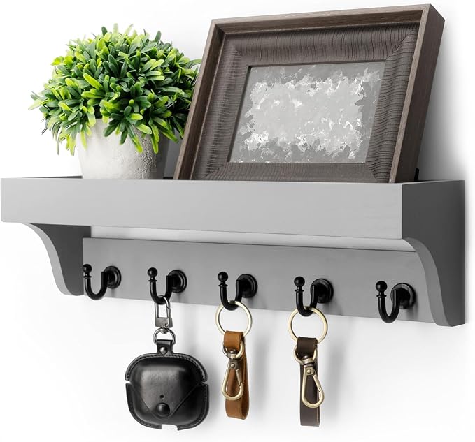 Rebee Vision Key Holder Wall Mount with 5 Hooks & Shelf for Entryway, Gray | 5 Key Hooks, Farmhouse Key Holder for Wall, Plant Display, Mail Organizer, Decorative Storage, Apartment Essen