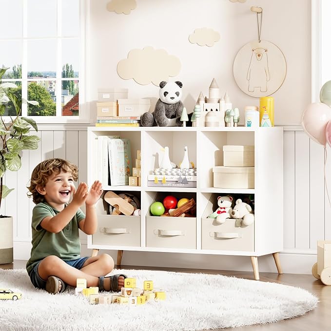 6 Cube Storage Organizer, Wood Bookcase with Legs, Modern Freestanding Cubby Shelving Unit, White Book Shelf Toy Storage Cabinet for Bedroom, Living Room, Kids Room, Fits 11 Inch Bins