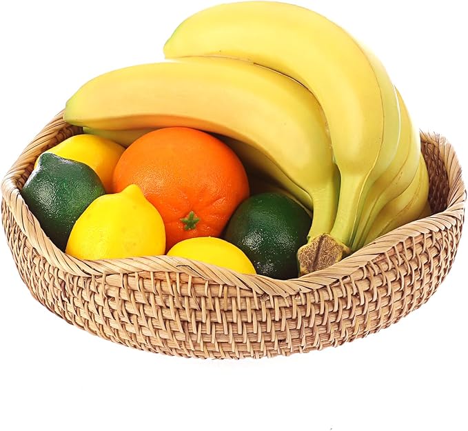 Hipiwe Natural Rattan Tray Wicker Storage Bowls Hand Woven Basket Tray for Bread Fruit Key Round Fruit Baskets for Kitchen Entryway Tabletop Decorative Baskets Bowl,10 Inches