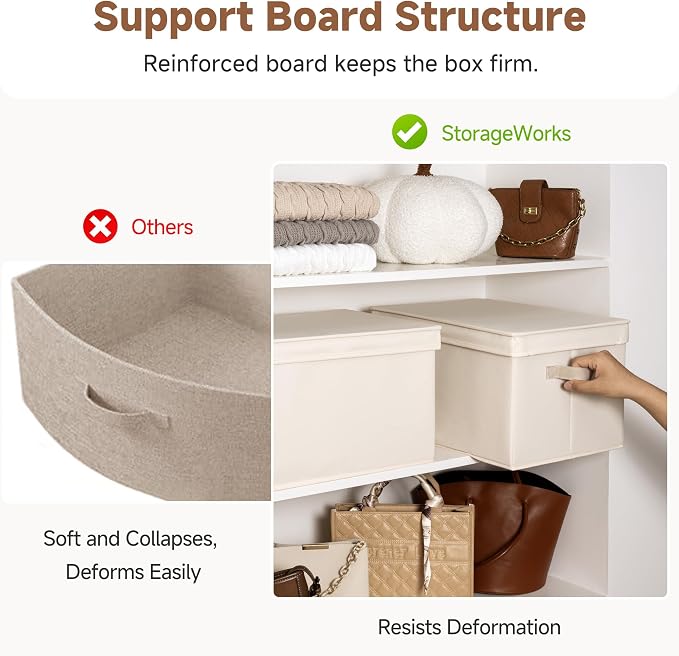 StorageWorks Fabric Storage Bins with Lids, Decorative Storage Bins with PU Handles, Foldable Storage Baskets for Closet, Shelves, Stackable and Sturdy Organization, Beige(Cotton Linen), Jumbo, 3-Pack