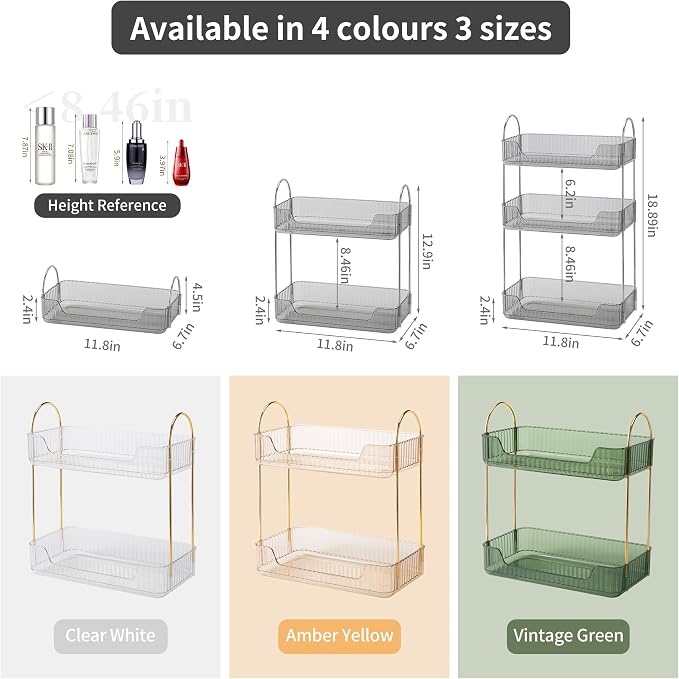 Akinbas 2 Tier Bathroom Organizer Countertop Makeup Perfume Tray Skincare Organizer for Bathroom Dresser Vanity (Grey)