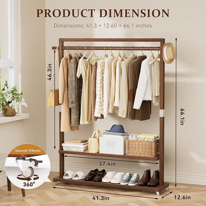 Solid Wood Clothes Rack with Wheels 3-in-1 Garment Rack Extra Long Rod 2 Shelves