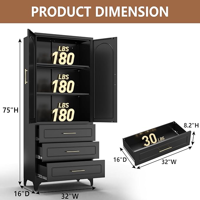 Polup 75" Tall Black Metal Pantry Storage Cabinet with 3 Drawers | Heavy-Duty Steel Kitchen Cabinet, 2 Adjustable Shelves & Magnetic Doors, Leveling Feet, for Dining Living Room, Laundry