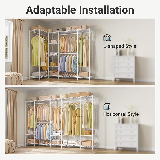 VIPEK V50 Closet Organizer System with Adjustable Shelves, White | 1300 Lb Capacity, Steel Frame, Adjustable Shelves, Open Closet with 4 Hanging Rods, for Bedroom, Apartment, Walk-In Closet
