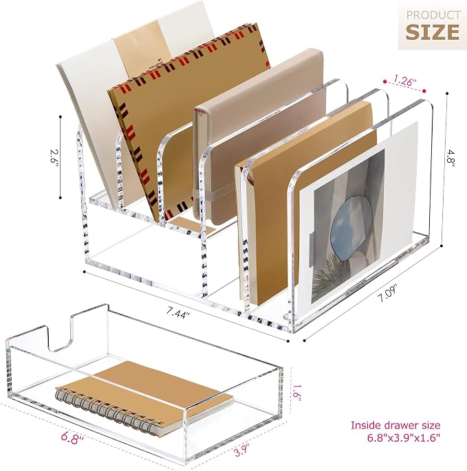 Acrylic Mail Sorter Desk Organizer Holder with Drawer, 5 Compartments Clear | Small File Script Letter Document Storage for Desk Bill Filling Envelope Holder Office, Home, School Organization