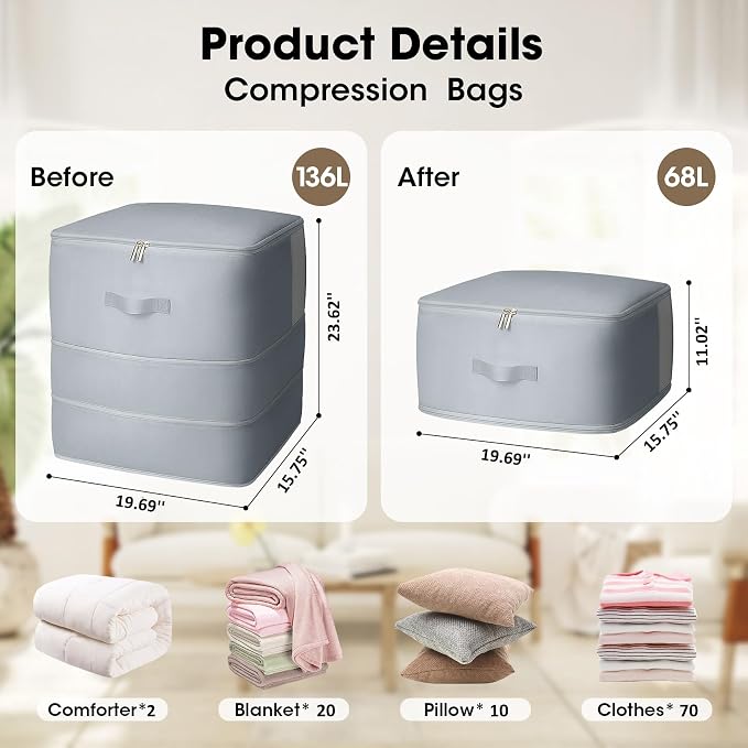 2 Pack Comforter Storage Bag, 136L Blanket Storage Bags Self Compression Comforter Organizer and Storages, Space Saving Washable Compression Bags for Blanket Bedding Pillow Duvet Quilt, Grey