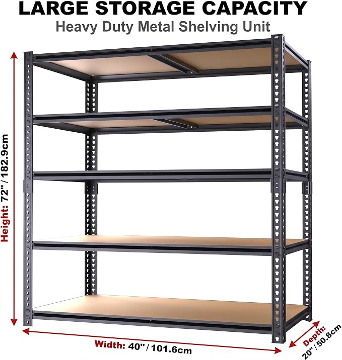Storage Shelves Unit,40" W 5-Tier Garage Shelving Heavy Duty Metal Adjustable Garage Shelves,Stable Shelves Organizer for Pantry, Kitchen and Basement,40" W x 20" D x 72" H,Black