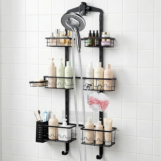 Extra Large Shower Caddy Hanging, Rust-Resistant Shower Organizer Hanging, 3 Tier Height-Adjustable Over the Head Caddy, Rack with Soap Basket (Black)