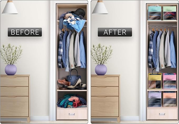Sorbus 11 Inch Storage Bins with Clear Window - 6 Foldable Baskets for Organizing Clothes, Toys, Books - Sturdy Collapsible Fabric Storage Cubes with Handle - Storage Baskets for Shelves, Closets