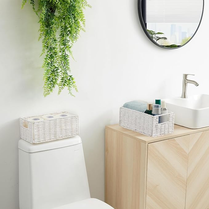 Vagusicc Wicker Storage Basket, Set of 2 Hand-Woven Paper Rope Wicker Basket, Small Storage Baskets for Organizing Toilet Paper Basket, Foldable Large Cube Storage Organizer Bins for Shelves (White)