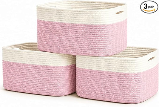 OrganiHaus Cotton Rope Baskets for Shelves, Set of 3, 15x9x10 | Handwoven; a toy bin and organizer for towels, books, or blankets; fits nursery, playroom, or bedroom decor