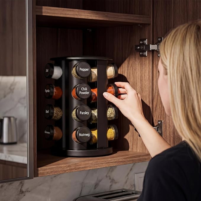 Yungyan Black Rotating Spice Rack Seasoning Organizer with 16 Empty Jars, Spice Containers Set with Labels and Funnel, Revolving Seasoning Rack for Kitchen Accessories