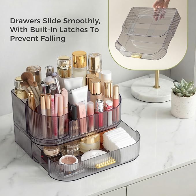 Delamu Rotating Makeup Organizer countertop, Brush Holder for Vanity, Black | Stackable Drawer Makeup Storage for Skincare, Lipstick, Brushes & Perfume, Fits Dresser & Bathroom Countertop, Gift for Women