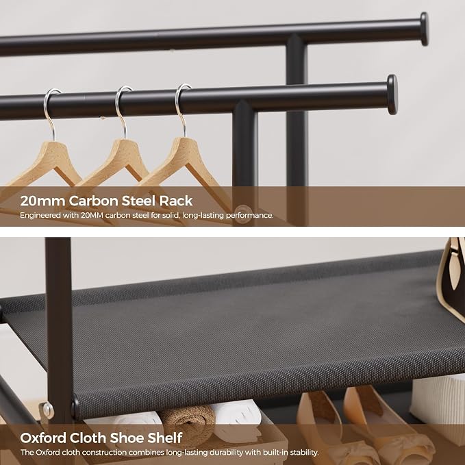 HYSEYY Clothes Rack,Double Rods Rolling Clothing Rack for Hanging Clothes,Portable Garment Rack with 2-Tier Storage Shelves,Free Standing Wardrobe Closet Coat Rack on wheels for Bedroom,Laundry Room
