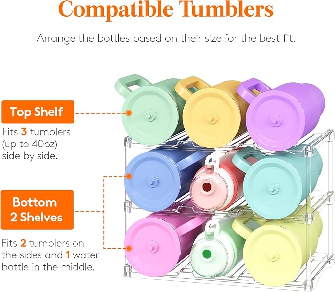 Lifewit Stackable Bottle Storage Organizer, Clear Freestanding Wine Holder for Cabinet, Large Slot Water Bottle Tumbler Cup Organizer for Pantry, Plastic Wine Rack for Fridge Cellar, 3Tier Hold 9