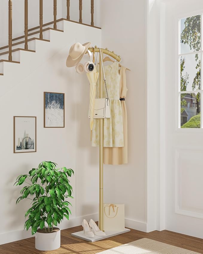 Modern Coat Racks,T-Shaped Coat Stand with Rock Base,68.9in Gold | Metal Garment Racks with Anti Slip Knot,Arcuate Clothes Display Hanger with Natural Patterned Bottom Plate for Bedroom