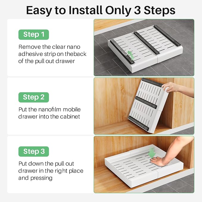 Pull out Cabinet Organizer, Expandable(12"-20") Heavy Duty Slide out Drawers Fixed with Adhesive Nano Film for Pots, Roll out Shelf Storage for Kitchen Base Cabinet, Pantry, Bathroom Cupboard