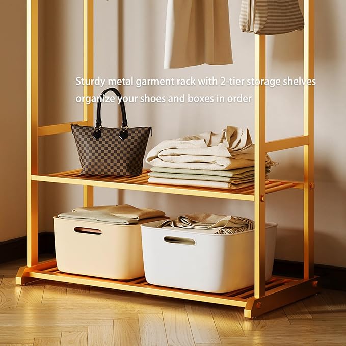 Gold clothing rack with bottom Storage shelves and 6 side hooks,Sturdy metal clothes rack for Hanging Clothes,Modern garment rack Wardrobe Rack for Bedroom or Boutique