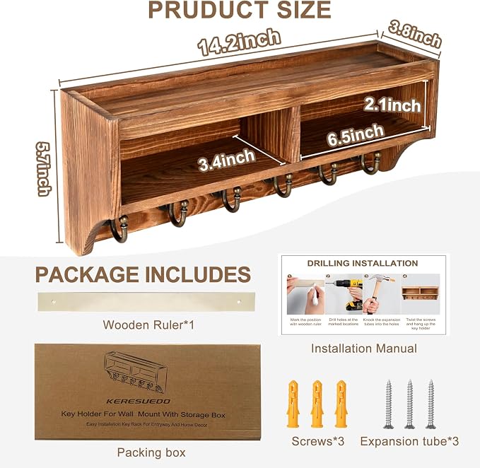 Key Holder Wall Mount with Mail Organizer, 6 Hooks & Shelf, Brown | Wood Key Holder Wall Mount with 6 Key Hooks, Shelf & Storage Box and Mail Organizer for Entryway, Apartment, Home and Office