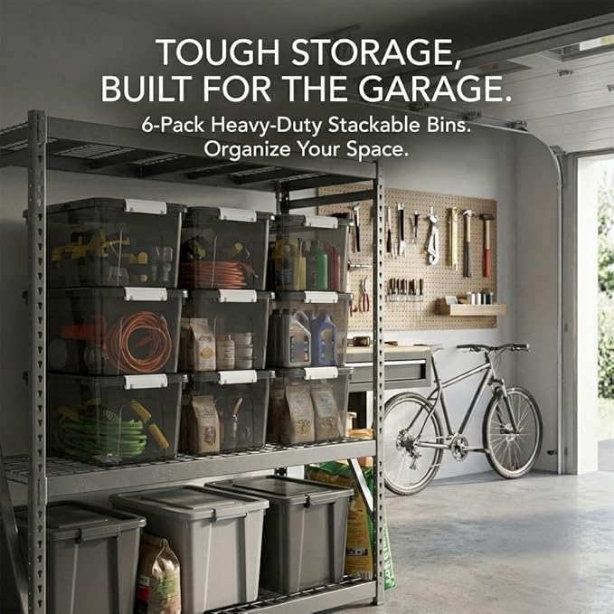 19 Quart Stackable Plastic Storage Bins with Lids, 6 Pack Clear Black Organizer Boxes with Secure Latches for Garage, Tools, Closet, Office, Durable Storage