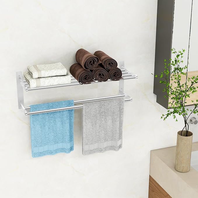 KLJKPA 24 Inch Towel Racks for Bathroom Wall-Mount, 2-Tier, Brushed Nickel | Towel Shelf with Double Towel Bar, Towel Holder, Towel Storage for Bathroom Lavatory, Stainless Steel, Space Saving