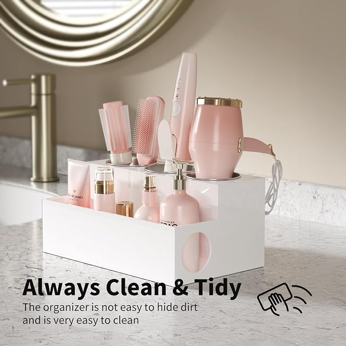 NIUBEE Acrylic Hair Tool Organizer,Hair Dryer Holder Countertop with 3 Cups | White, Hot Tools Organizer, Hair Blow Dryer Organizer for Curling Iron, Brush, Straightener, Makeup,Skincare,Vanity, Bathroom