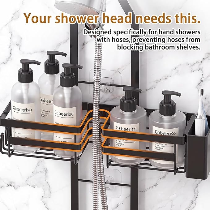 Shower Caddy Hanging for Handheld Showerheads, Adjustable Shower Organizer | Rustproof Bathroom Shelf Fits Handheld & Fixed Shower Heads, 12 Hooks, Soap & Toothbrush Holder, No-Drill Installation, Black