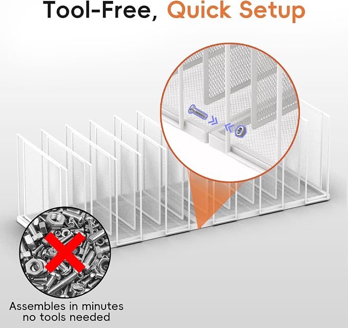 File Organizer For Desk, 11 Section Metal Desk File Sorter, White | Desk file organizer, connectable 11 section design, 2.17 in spacing, vertical folder storage for home office and classroom