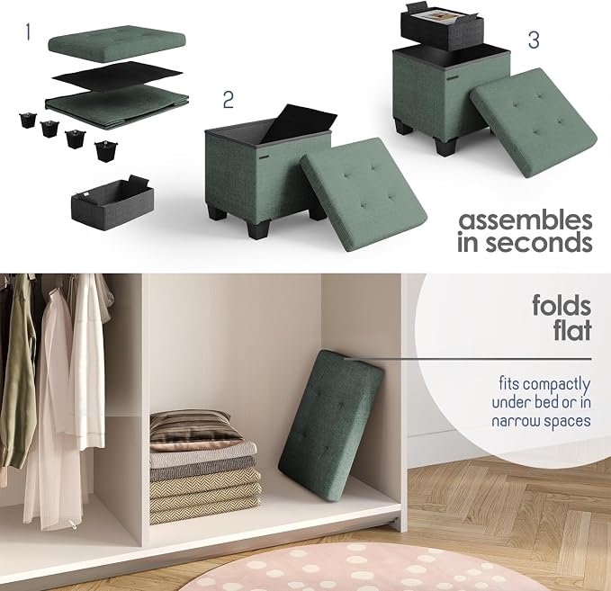 Storage Ottoman Cube with Small Bin, 15-in Square Ottoman with Storage for Living Room and Bedroom, Small Ottomans Foot Rest, Fabric Foot Stools Ottomans Max 330lbs, Green