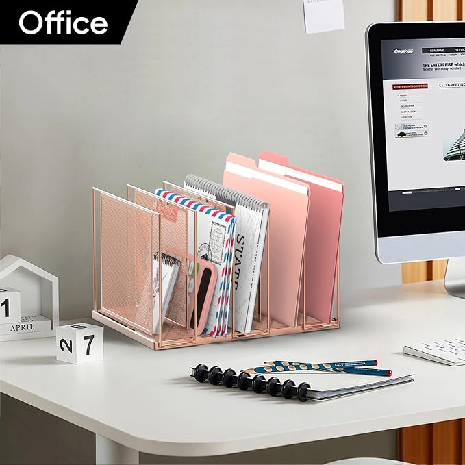 File Organizer for Desk, 5-Section Vertical File Sorter, Paper Holder Organizer Standing Metal File Folder for Office Home Classroom, Rose Gold