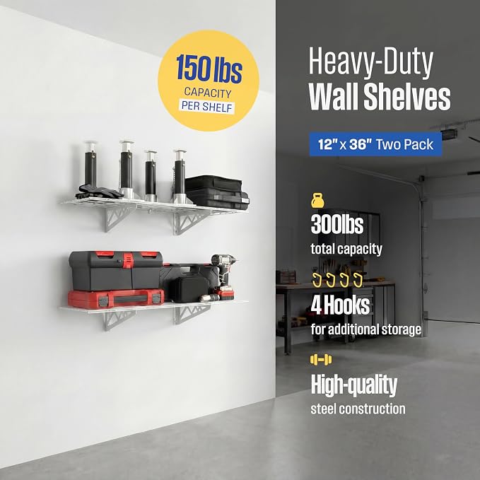 SafeRacks Steel Garage Wall Shelves 2-Pk w/Hooks, 300lb, White (12x36)